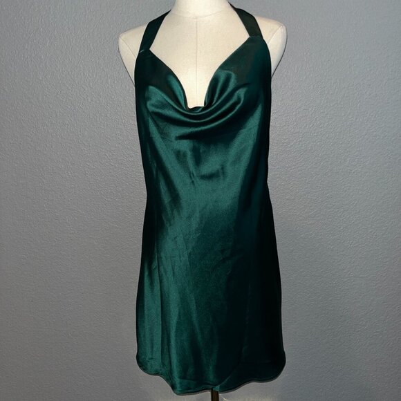 CANTON WALKER Emerald Green Satin Halter Backless Back Bow Mini Slip Dress - M - Picture 1 of 10